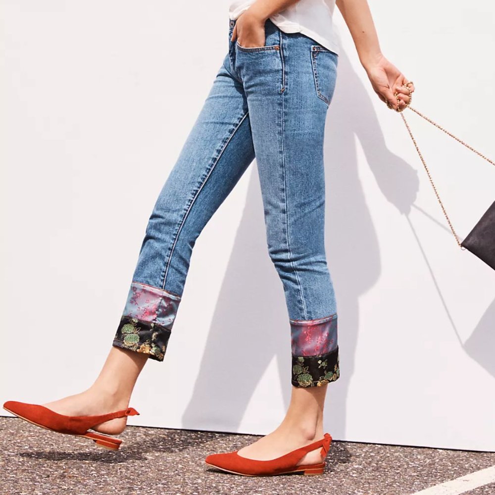 Women's Blue Crop Jeans with Decorative Cuffs